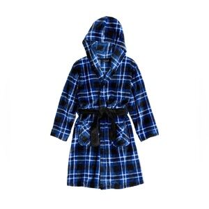 Cuddl Duds Boys Robe Plush with Hood Size M (8/10) Blue, Black, White Plaid